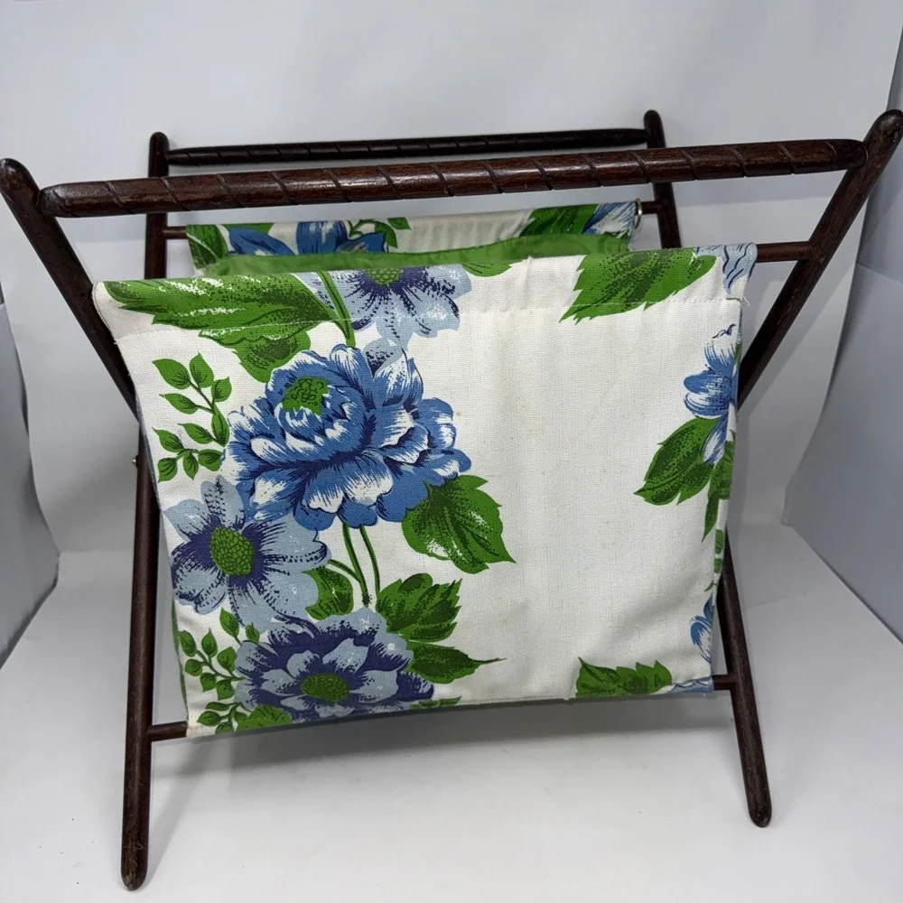 Vintage Folding Wood Frame Sewing Basket Craft Caddy Floral Fabric MCM 16